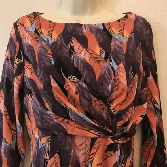 Multi-Colored Feather 3/4 Sleeve Gathered Dress M - Picture 2 of 9